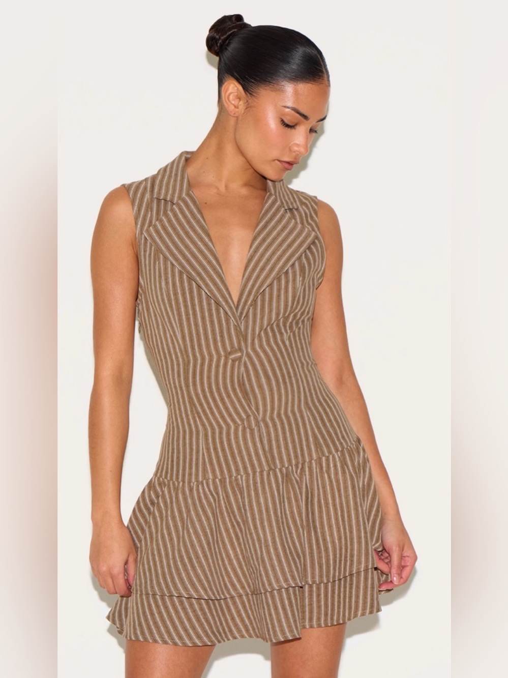 Pretty Striped Sleeveless V-Neck Tiered Dress in Tan